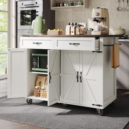 Gegtuon Kücheninsel Küchenwagen Küchenschrank auf Rollen, Servierwagen mit Ausziehbarer Arbeitsplatte, Buffetschrank Esswagen Anrichte mit 2X Schubladen und 4X Türen für Esszimmer Küche, Beige