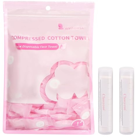 Classycoo Compressed Towel, 100 PCS Disposable Face Wipes, portable Tablets Cotton Tissue for Travel, Camping, Hiking, Sport, Beauty Salon, Home Hand Cleaning and Outdoor Activities, Pink