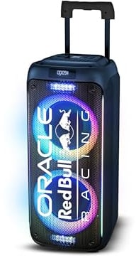 Red Bull Racing Podium, Altavoz Bluetooth Portátil con Iluminación RGB, Potencia Máxima de 320W, Amplia Conectividad Incluyendo AUX, Bluetooth, USB, Resistencia IPX5, con Asa y Ruedas