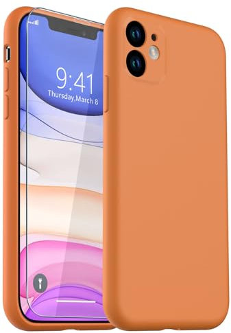 CASELIVE for iPhone 11 Case, Liquid Silicone Case with [Tempered Glass Screen Protector] Full Body Shockproof Soft Anti-Scratch Phone Case for iPhone 11 6.1 inch (Orange)