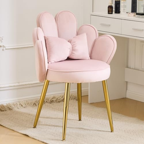 Bonnlo Armchair Accent Chair, Velvet Chair with Golden Legs for Vanity, Modern Petal Side Chair for Bedroom/Living room, Pink