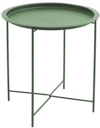 Acomoda Textil – Mesa Auxiliar Plegable de Metal para Recibidor, Salón y Oficina. Mesita de Café Redonda para Centro con Bandeja Extraíble Decorativa, Cómoda y Ligera 40x51 cm. (Oliva)