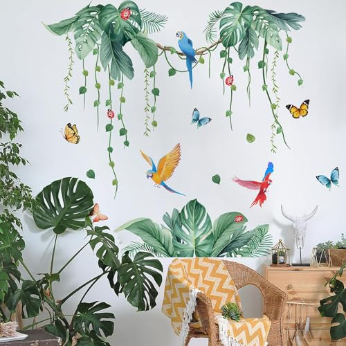 Stickers Muraux Feuilles Tropicales, Perroquets Tropicaux Sticker Palmier Boho Sticker Vertes Autocollant Mural Plantes Stickers Muraux Jungle pour Chambre Salon Bureau Mur TV Chambre Enfants Bébé