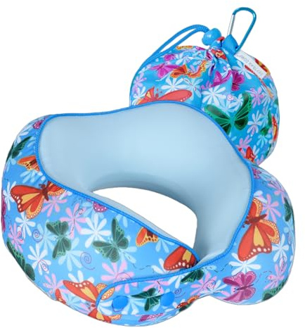 SKYTRAX® Certified Kids Safe Memory Foam Travel Neck Pillows for Kids and Toddlers Cute Cartoon Design, Car Seat & Airplane Head Neck Support, Adjustable Snap Buttons Washable Soft Cover (Butterfly)