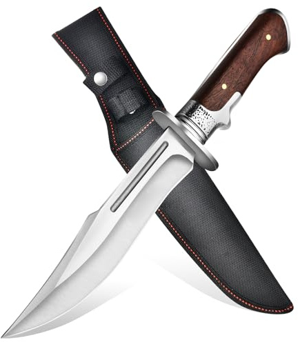 bhkz Outdoor Messer Feststehend 17.2cm Klinge - Großes Jagdmesser mit Holzgriff & Nylonscheide - Robustes 5Cr13 Stahl Survival Messer für Bushcraft, Camping & Angeln - Full Tang Konstruktion