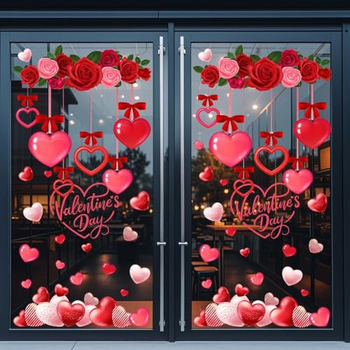 Jotekonoby Valentinstag für Fenster, 2 Stück, rotes Herz, doppelseitig, PVC-Aufkleber, Aufkleber für Zuhause, Schule, Büro, Urlaub, Party (A)