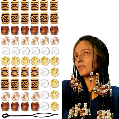 TUKEVA 60 Stück Haarperlen, Dreadlock Perlen (Mehrfarbig-B) | Haarschmuck für Dreadlocks, Holzimitat Haar Perlen Dekoration, für Haar Schmuck,Festivals,Partys,DIY Haarschmuck