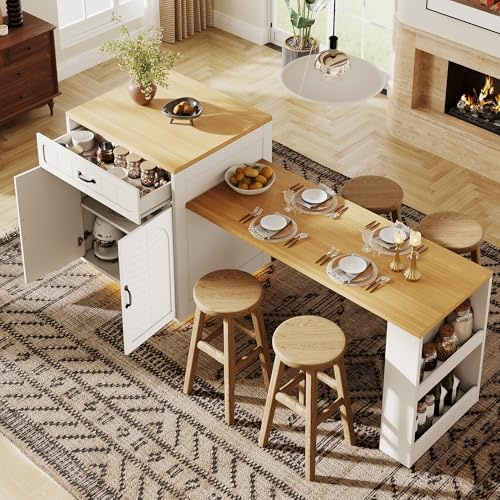 Kebnor Isla de cocina/armario de cocina/gabinete buffet/mueble de bar fijo con mesa extensible, 2 cajones, 4 puertas (blanco)