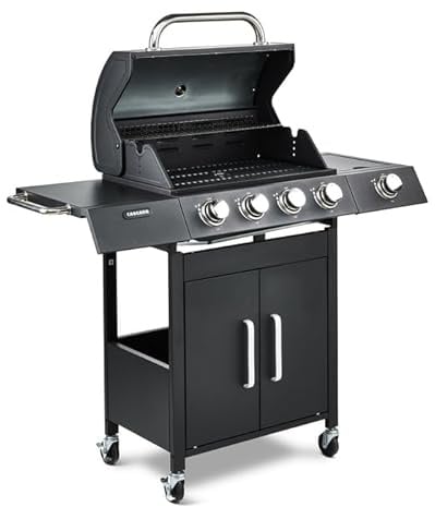 Fire Mountain Cascade 5 Burner Gas BBQ Side Burner Cast Iron Grill | Black outdoor barbecue for garden patio cooking