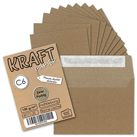 300x Briefumschläge DIN C6 Kraftpapier - Braun außen - Grau innen - Vintage Recycling Kuverts mit Haftklebung - 114 x 162 mm