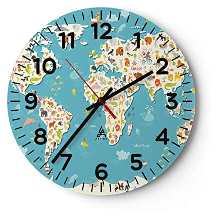 Modern Wanduhr Geographie Globus Grafik Illustration 30x30cm Rund Klein Wand Uhr Glas Analog Zimmeruhren Küche Büro Wohnzimmer Glasuhr Wall Clock Dekoration Design Küchenuhr C4AR30x30-3106