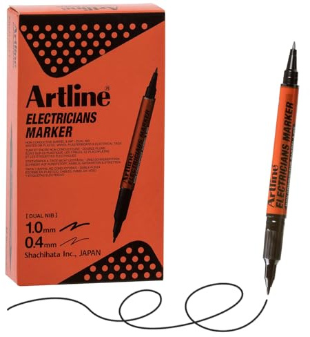 Artline Electricians Markers | Twin-Nib | Professional Series | For engineer | Non-Conductive Ink & Barrel | EKPR-ELFT | 0.4mm Fine/1.0 Bullet Tips | Pack of 12 | Black Marker