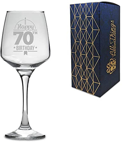 Novelty Engraved/Printed Tallo Wine Glass - Happy 70th Birthday - Engraved