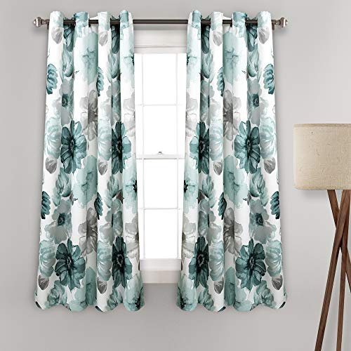Lush Decor Leah - Paneles de Cortina para Ventana con Filtro de luz, par, 132 cm de Ancho x 160 cm de Largo, Color Azul, Cortinas Florales, Flores Coloridas de Acuarela primaveral, Cortinas Cortas