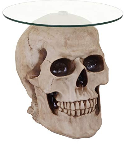 Mendler Beistelltisch Totenkopf HWC-A19, Glastisch Wohnzimmertisch Couchtisch Totenschädel, Polyresin rund Ø55cm Natur