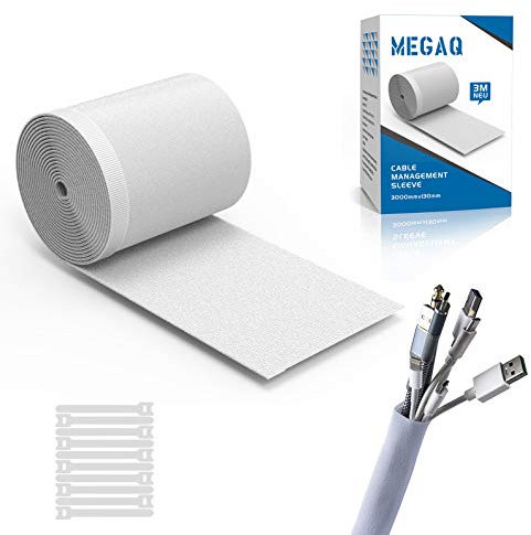 Cable Management Sleeves, MEGAQ Cuttable Neoprene Cord Management Organizer System,3000mm130mm,DIY by Yourself, Adjustable Reversible Wire Hider,White
