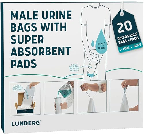 Lunderg Disposable Urine Bags for Men with Super Absorbent Pad - Value Pack 20 Count - Portable & Travel - For Car Pee Bag, Emergency, and Camping