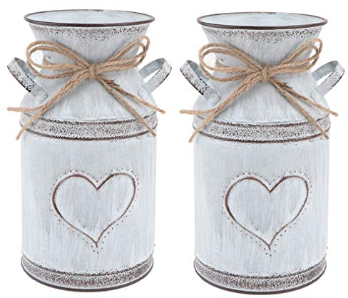 Cabilock 2Pcs Vintage Flowers Vase Metal Flower Bucket With Heart-shape Countryside French Vase Galvanized Milk Can Shabby Chic Vase Flower Jug Tin Pitcher for Rustic Home Table Centerpiece
