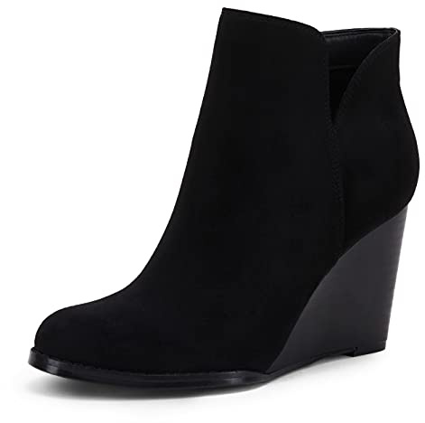 LAICIGO Womens V Cut Wedge Ankle Booties Zip-up Closed Toe Stacked Heel Faux Suede Winter Boots