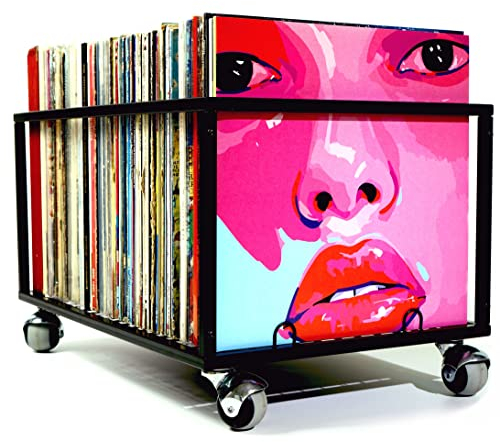 Needle A Vinyl Record Storage with Caster Wheels - Holds up to 120 Single LP - Record Holder, Display, Organizer, Rack for Albums - Matte Black Metal (20.5L x 13.4W x 12.3H)