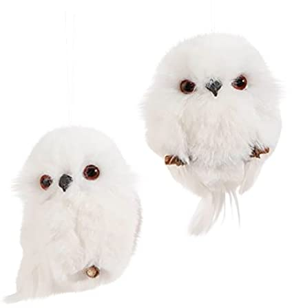 FEEL YAN Eule weiß pelzig Weihnachten Ornament, Set mit 2 Vogelfiguren, künstliche gefiederte Eulen, niedliches Modell, Baumdekor