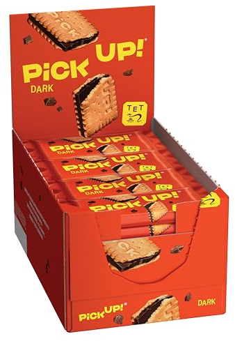 PiCK UP! Dark (24 x 28 g), Riegel mit knackig dunkler Schokoladentafel zwischen zwei knusprigen Keksen, der Snack für unterwegs, Thekenaufsteller mit 24 Stück