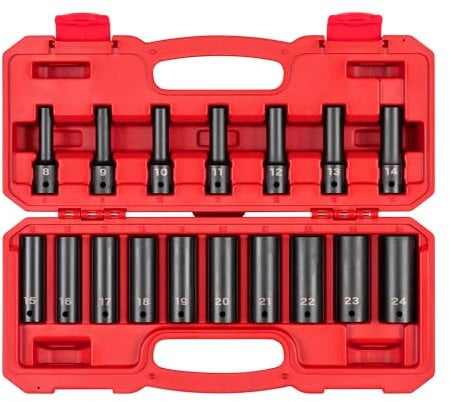 TEKTON 1/2 Inch Drive Deep 12-Point Impact Socket Set, 17-Piece (8-24 mm) | SID92339