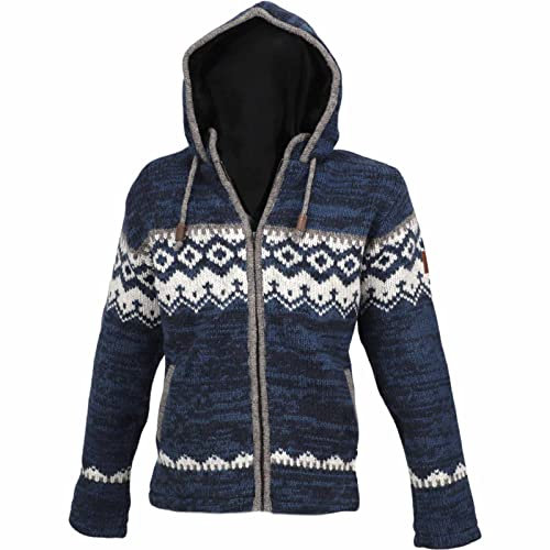Kunst und Magie Herren Strickjacke Schurwolle Klassich Nordisches Muster Wolle Jacke mit Kapuze, Größe:S