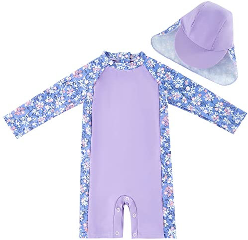 UMELOK Baby Badeanzug UV Schutz Badebekleidung für Mädchen - mit Sonnenhut (Lila Blumen, 18-24 Monate/86-92cm
