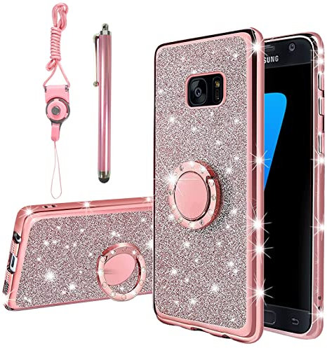 KuDiNi Schutzhülle für Samsung Galaxy S7 Edge, Galaxy S7 Edge, Handyhülle für Frauen, Glitzer, Kristall, weich, Luxus-Bling, niedliche Schutzhülle mit Ständergurt für S7 Edge Hülle (Glitzer-Rose)