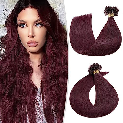 TESS Borgoña Extensiones Queratina 45cm, Extensiones de Cabello Natural Queratina 99J#Vino Tinto 100% Pelo Humano U Tip 50pcs Extensiones Queratina Pelo Natural 50g