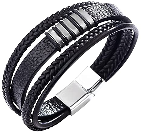 shixpiov Armband herren Leder Schwarz 21,5cm - Kunstleder Lerderarmband -PU Leder Armreif - geflochten Echtleder Breites Wickelarmband mit Magnet Verschluss