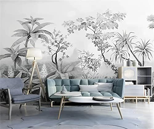 Papier peint intissé panoramique jungle tropicale noir et blanc personnalisable allant de la taille petite taille moyenne et taille XXL de 140cmx70cm à 600cmx600cm
