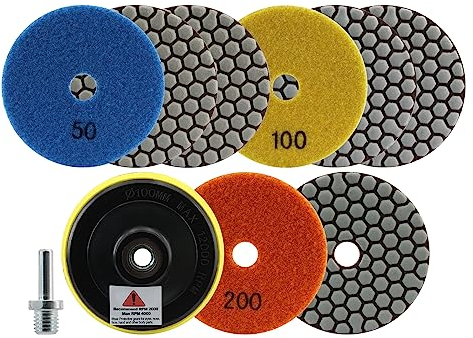 FOCSTOL Tamponi Diamantati per Lucidatura - 8 pezzi 100mm (#50x3+#100x3+#200x2) Disco Diamantato per Lucidatura con M14 Filettatura Adattatore per Granito Marmo Pietra Artificiale Quarzo