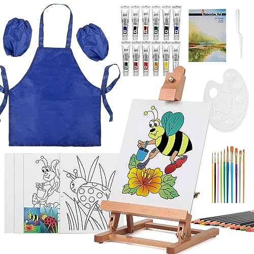 COOZEE 43-teiliges Malset mit Tischstaffelei, Acrylmalerei-Starterset mit 12 Acrylfarben, 12 Buntstiften, Pinseln, Leinwandplatten und Aquarellblock für Einsteiger & Hobbymaler