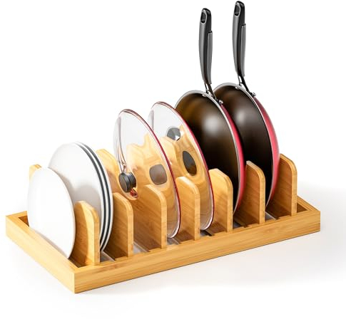 Bamboo Pot Lid Organizer Pot Lid Holder, Pot and Pan Organizer Drawer Organizer for Pot Lids, Pans, Cutting Boards & Baking Sheets, Dinner Plates, Reusable Containers in Cabinet Storage