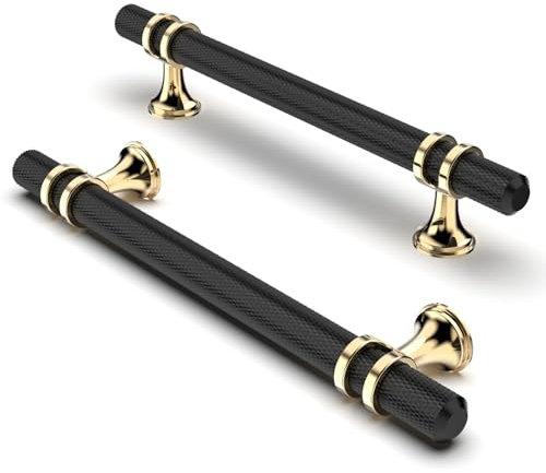 FURNIWARE Pack of 10 Modern Gold + Black Cabinet Handles, 128mm Center to Center, Durable Zinc Alloy + Aluminum Pull Handles for Cabinet, Drawer, Door, Cupboard, Wardrobe