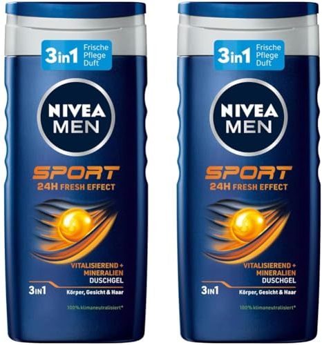 NIVEA MEN Sport Duschgel (250 ml), pH-hautfreundliche Pflegedusche mit vitalisierendem Duft, Männer Duschgel mit Mineralien für Körper, Gesicht und Haar (Packung mit 2)