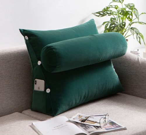 Großes Keil-Lesekissen mit verstellbarer Nackenstütze, verhindert Säurerückfluss, Lesekissen für Rücken, Sofa-Positionierungsrolle mit Tasche (60 x 50 x 20 cm, Dunkelgrün)