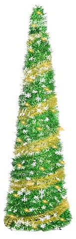 Christmas Tree with Lights, 150cm/5ft Collapsible Artificial Xmas Tree, Pop Up Christmas Tree Tinsel Tall Skinny Coastal Xmas Tree for Home Office Holiday Xmas Decor (Green)