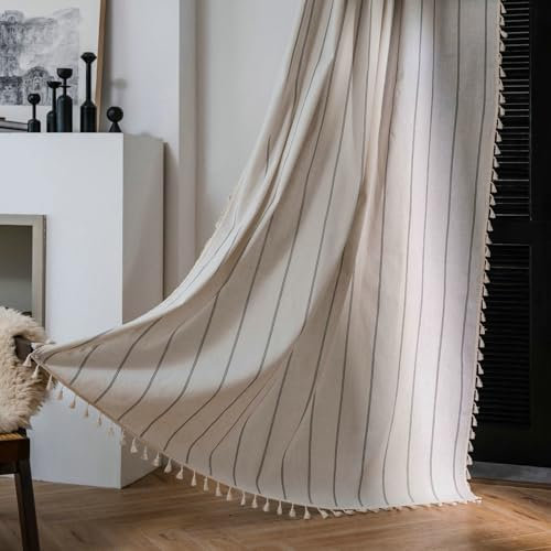 Bishilin Vorhänge Stangendurchzug 2er Set, Gardinen Halbtransparent Beige mit Schwarz Streifen Muster 150x240CM Wohnzimmer Gardinen und Vorhänge Fenster