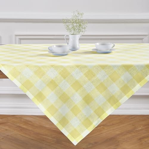 Solino Home Buffalo karierte Leinen-Tischdecke, 132 x 132 cm, 100 % reines Leinen, Gelb und Weiß kariert, maschinenwaschbar, quadratischer Tischüberwurf für den Frühling