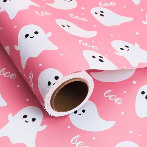 Geschenkpapier mit rosa Geist und Boo, Mini-Rolle, 43,2 cm x 100 m, Halloween-Geschenkpapier, niedliches Geisterpapier für Happy Boo Day, Mädchen, Babyparty, Geburtstagsparty, Zubehör, 1 Rolle