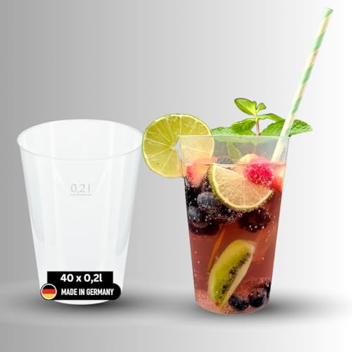 DeinPack 40 Mehrwegbecher 200ml Made in Germany | Getränkebecher mit Eichstrich | wiederverwendbar | Transparent aus PP | Trinkbecher 0,2l | Bierbecher | Partybecher