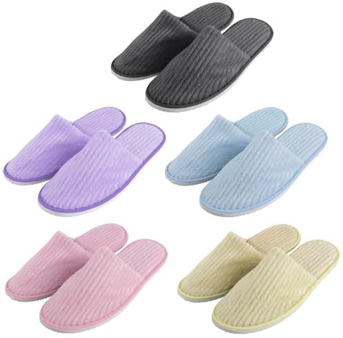PRITOK Set di pantofole per hotel, 5 paia di pantofole per ospiti, 28 x 11 x 0,6 cm, in spugna, per centri di bellezza, medici, hotel, donne e uomini, set unisex rosa, giallo, grigio, blu, viola, Rosa