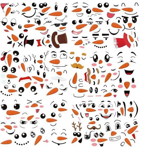 Prasacco 60 Stück Schneemann Gesichts Aufkleber, Weihnachts Schneemann Fensteraufkleber Niedlicher Weihnachts Dekoration Aufkleber für Kühlschränke, Fenster, Türen, Wände, Geschenkverpackungen