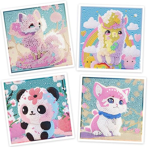 Mocrop 4er Set Diamond Painting Kinder 5D Tiere Diamond Painting Bilder 15x15cm Mosaik Bastelset Geburtstagsgeschenke für Kinder ab 6 7 8 9 10 11 12 Jahre (A)