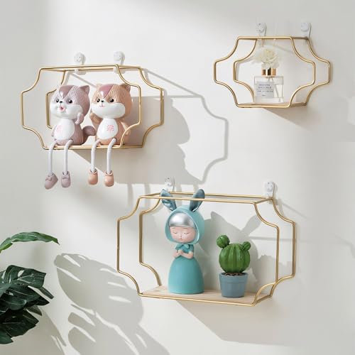 Gemsaya Unregelmäßige 4 Ecken Wandregal Metall 3er Set, Wanddeko Hängeregal Schweberegal in 3 Größen, Unregelmäßiges Rechteck Regale für Wohnzimmer, Schlafzimmer, Bad, Flur, Café, Wohnung (Gold)