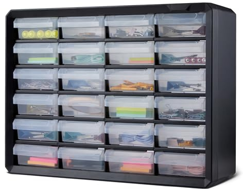 Amazon Basics Cajonera Organizadora, 24 Compartimentos de Plástico con Divisores para Oficina/Manualidades/Herramientas, Montaje en Pared, 16 x 54,1 x 40,1 cm, Negro