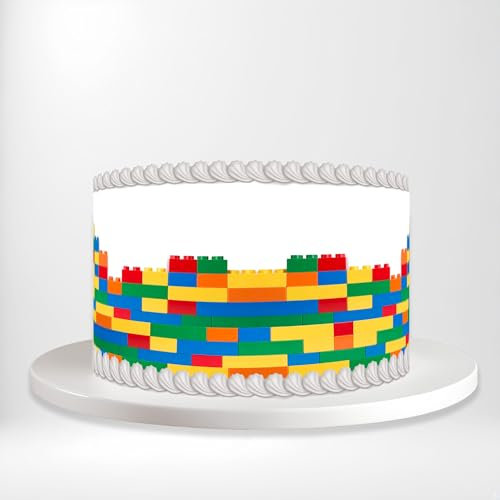 Double Plastic Toy Bricks Construction Wall Design Playful Wrap Around Print A4 Edible Paper Icing Sheet Cake Topper Side Ribbon Border Decor for Personalised Themed Decorations